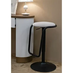 Sgabello Bar Girevole Regolabile Metallo Nero Tessuto Imbottito Beige
