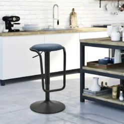 Sgabello Bar Girevole Regolabile Metallo Nero Tessuto Imbottito Blu