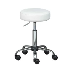 Sgabello Basso con Ruote a Rotelle Bianco Ecopelle in Metallo Imbottito Cucina