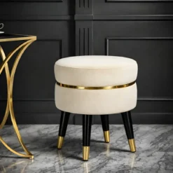 Sgabello Basso in Velluto Crema Finiture Oro Pouf Salotto Camera