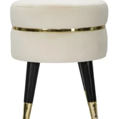 Sgabello Basso in Velluto Crema Finiture Oro Pouf Salotto Camera