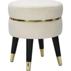 Sgabello Basso in Velluto Crema Finiture Oro Pouf Salotto Camera