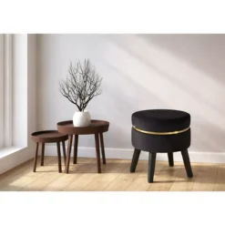 Sgabello Basso in Velluto Nero con Finiture Oro Pouf Salotto Camera