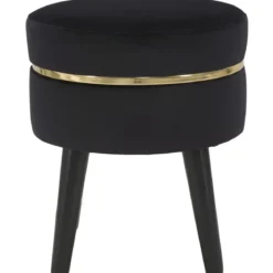 Sgabello Basso in Velluto Nero con Finiture Oro Pouf Salotto Camera