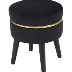 Sgabello Basso in Velluto Nero con Finiture Oro Pouf Salotto Camera