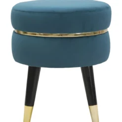 Sgabello Basso in Velluto Ottanio Finiture Oro Pouf Salotto Camera