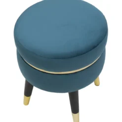 Sgabello Basso in Velluto Ottanio Finiture Oro Pouf Salotto Camera