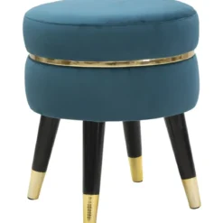 Sgabello Basso in Velluto Ottanio Finiture Oro Pouf Salotto Camera