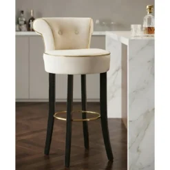 Sgabello da Bar Imbottito in Velluto Crema Oro Schienale Poggiapiedi