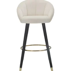 Sgabello da Bar Seduta in Velluto Crema con Gambe in Legno Nero Oro