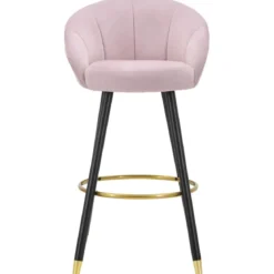 Sgabello da Bar Seduta in Velluto Rosa con Gambe in Legno Nero Oro
