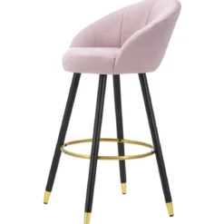 Sgabello da Bar Seduta in Velluto Rosa con Gambe in Legno Nero Oro