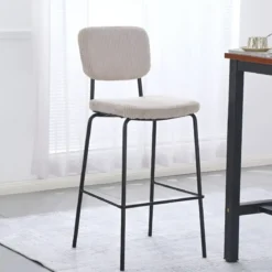 Sgabello Imbottito in Tessuto a Coste Beige Struttura in Metallo Nero