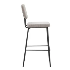 Sgabello Imbottito in Tessuto a Coste Beige Struttura in Metallo Nero