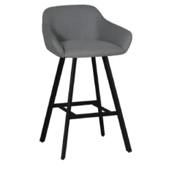 Sgabello Imbottito in Tessuto Grigio Cenere con Gambe in Metallo Nero