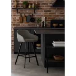 Sgabello Imbottito in Tessuto Grigio Cenere con Gambe in Metallo Nero