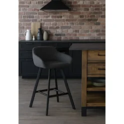 Sgabello Imbottito in Tessuto Grigio Scuro con Gambe in Metallo Nero