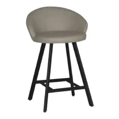 Sgabello Imbottito in Tessuto Tortora con Gambe Nere in Metallo
