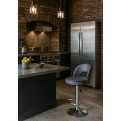 Sgabello in Ecopelle Grigio con Gamba in Metallo Inox Regolabile