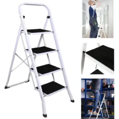 Sgabello Scaletta Pieghevole Acciaio 4 Gradini Antiscivolo Nero 150 kg