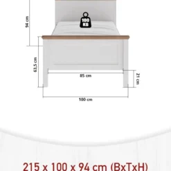 Struttura Letto Singolo 90x200 cm in Pino Massello Bianco Rovere