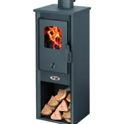 Stufa a Legna 5.3 kW Acciaio Antracite Piastra in Ghisa e Portalegna