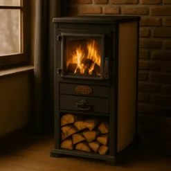 Stufa a Legna 5kW Beige Compatta Piastra Ghisa Vano Legna da Interno
