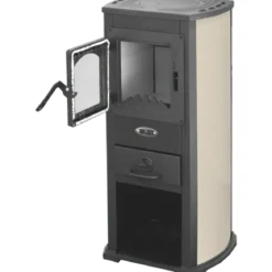 Stufa a Legna 5kW Beige Compatta Piastra Ghisa Vano Legna da Interno