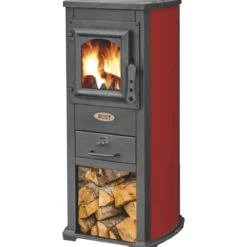 Stufa a Legna 5kW Rosso Compatta Piastra Ghisa Vano Legna da Interno