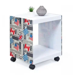 Tavolinetto Bianco con Decorazione Vetro Serigrafato Tavolino con Ruote