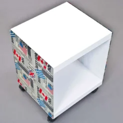 Tavolinetto Bianco con Decorazione Vetro Serigrafato Tavolino con Ruote