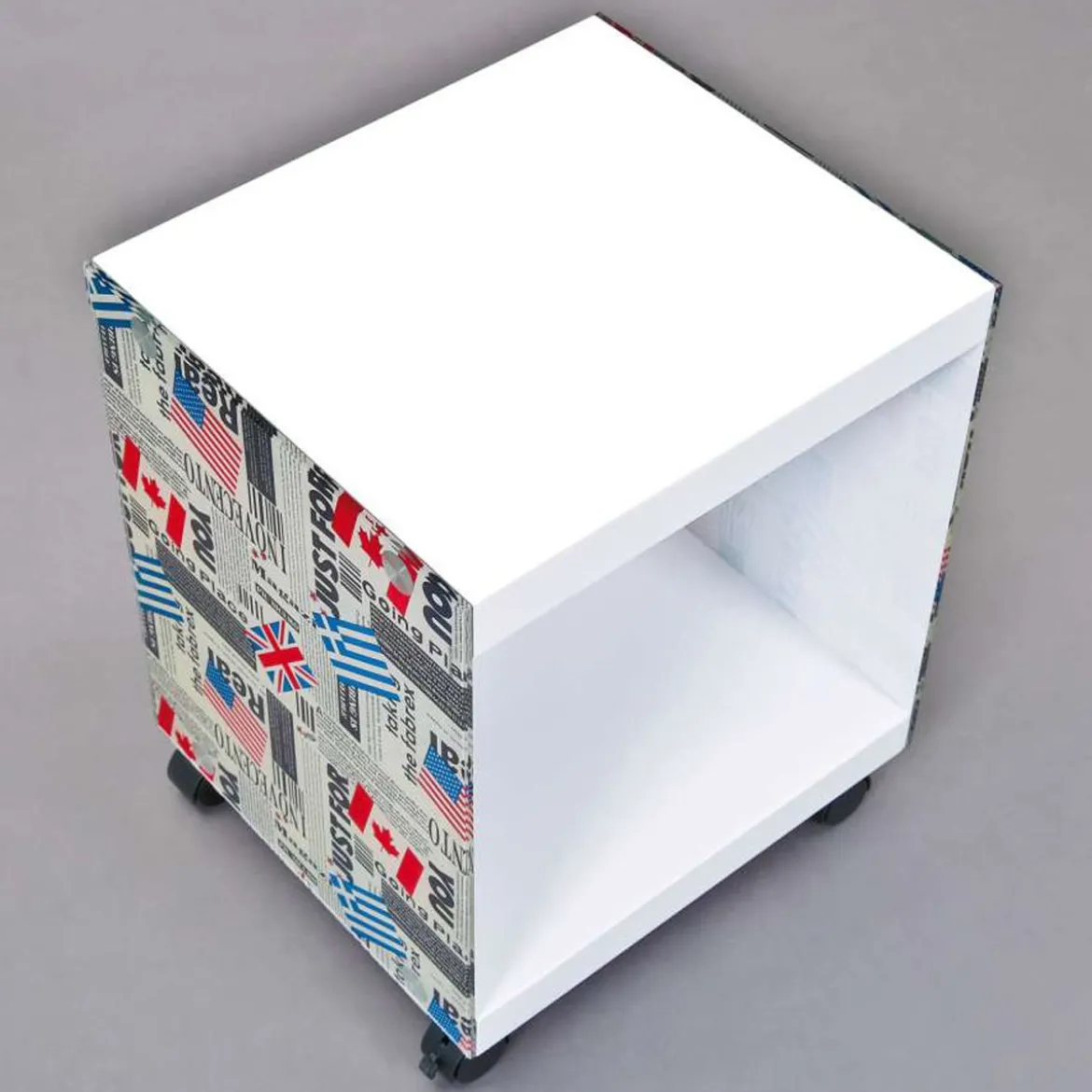 Tavolinetto Bianco con Decorazione Vetro Serigrafato Tavolino con Ruote