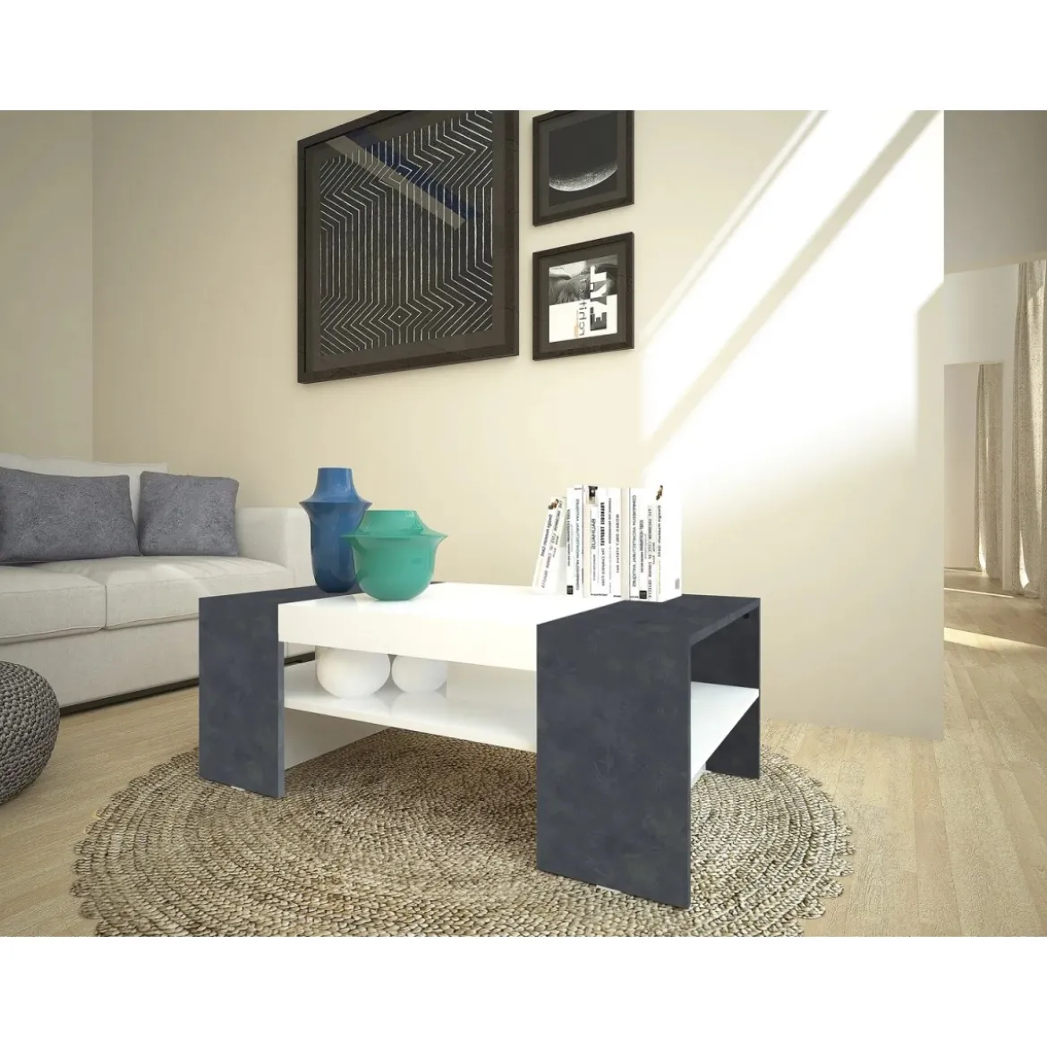 Tavolino da Caffè 110cm Bianco Laccato Rettangolare Basso da Soggiorno