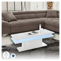 Tavolino da Caffè 100cm Bianco Lucido con led Basso da Soggiorno