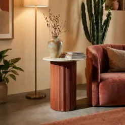 Tavolino da Caffè 53 cm Metallo Piano MDF Marmo Sintetico Rosso Bianco
