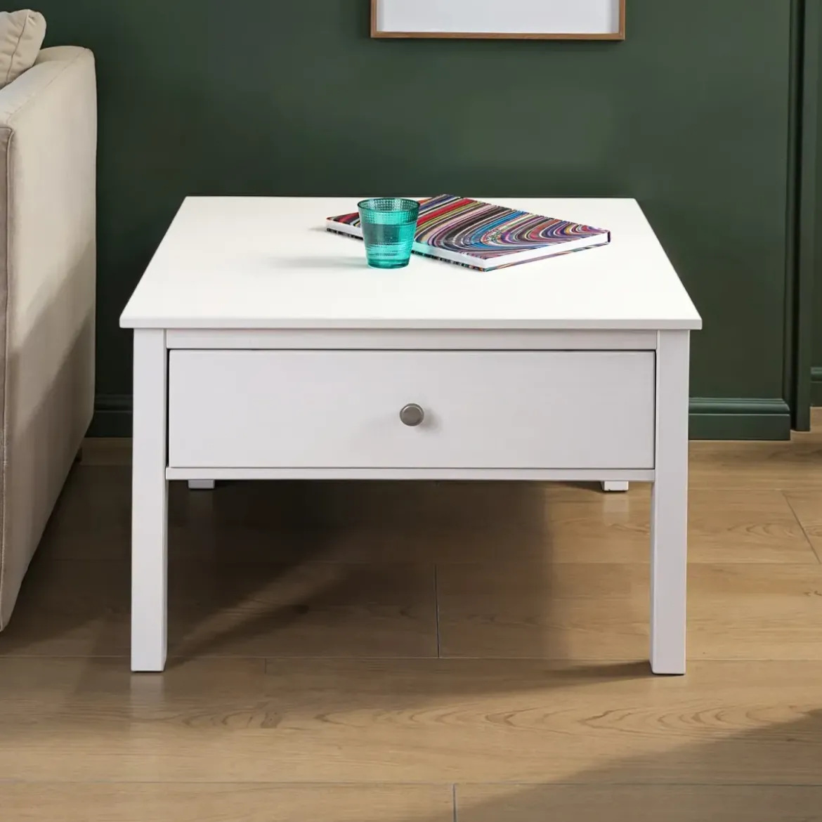 Tavolino da Caffè Quadrato 70x70 da Salotto in Legno Bianco con Cassetto