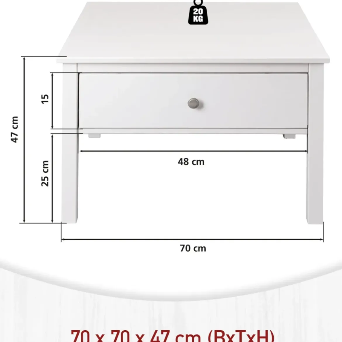 Tavolino da Caffè Quadrato 70x70 da Salotto in Legno Bianco con Cassetto