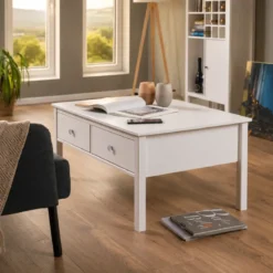 Tavolino da Caffè Rettangolare 110x70 da Salotto Legno Bianco Cassetto