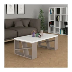 Tavolino da Salotto 105x60 cm con Ripiano bianco e gambe Tortora