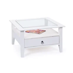 Tavolino in Vetro da Caffe 75x75 Bianco Tavolo Legno Divano Soggiorno Quadrato