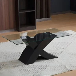 Tavolino in Vetro Temperato 110x60x45 cm Struttura Incrociata Nera
