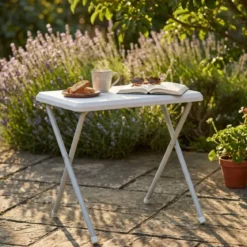 Tavolino Pieghevole Bianco in PVC Acciaio da Esterno 52x37x47 cm