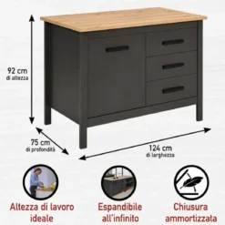 Tavolo Bar da Cucina Antracite Rovere Isola 1 Anta Cassetti Soft-Close