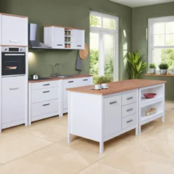 Tavolo Bar da Cucina Bianco Rovere Isola con Anta Cassetti Soft-Close