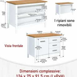 Tavolo Bar da Cucina Bianco Rovere Isola con Anta Cassetti Soft-Close