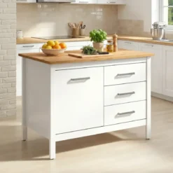 Tavolo Bar da Cucina Bianco Rovere Isola con Anta Cassetti Soft-Close