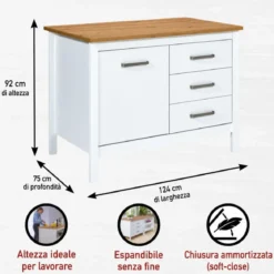 Tavolo Bar da Cucina Bianco Rovere Isola con Anta Cassetti Soft-Close