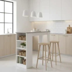 Tavolo Consolle Alto Isola Cucina con 3 Ripiani Bianco Cemento 112 cm