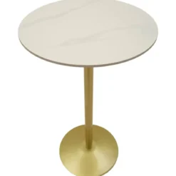 Tavolo da Bar Alto in Metallo Oro 60x60x103cm con Piano Effetto Marmo