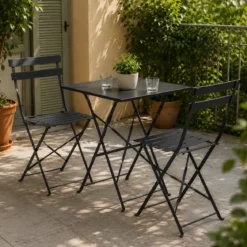 Tavolo e 2 Sedie Pieghevoli Nero in Ferro Tavolino da Balcone Esterno Giardino